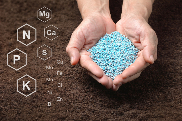 Chemical fertilizers in hand on soil background