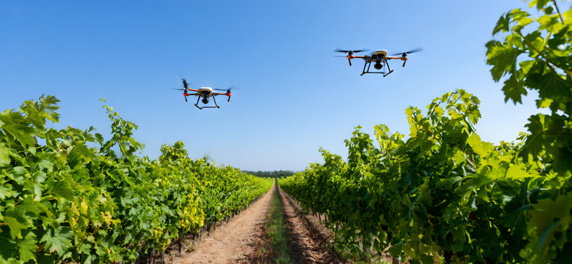 Drones Fly Over Vineyard Rows, Monitoring Crops and Aiding Precision Agriculture Practices in Bright Daylight