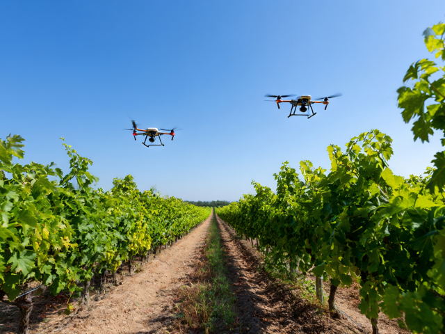Drones Fly Over Vineyard Rows, Monitoring Crops and Aiding Precision Agriculture Practices in Bright Daylight