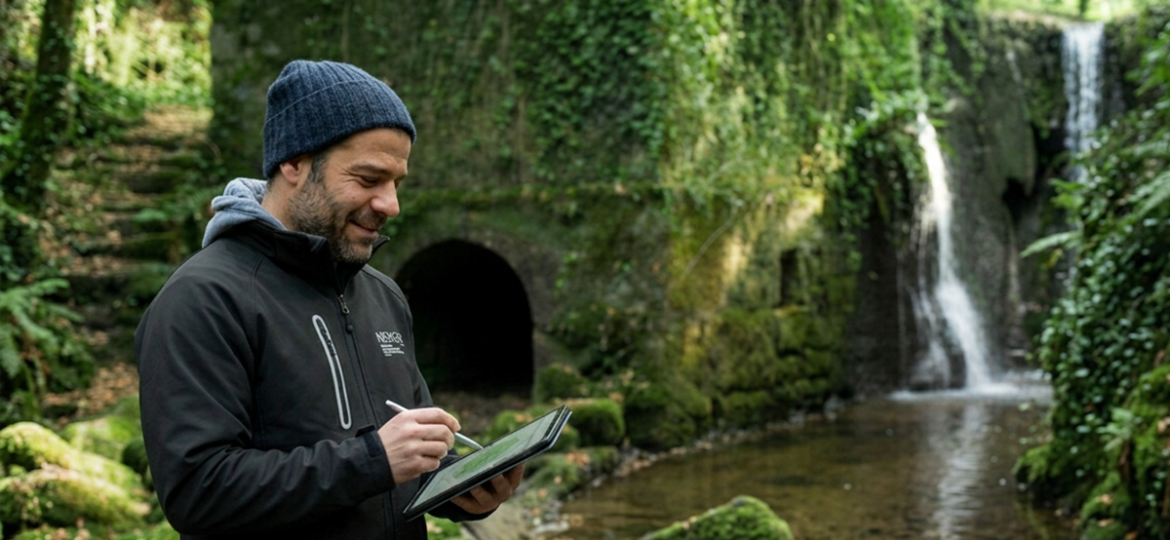 Jaime Uria-Diez haciendo mediciones para el proyecto URBASO en Urdaibai, Bizkaia.