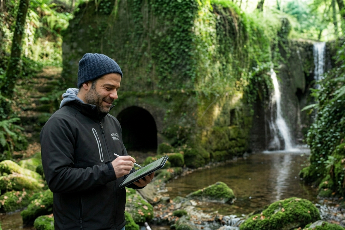 Jaime Uria-Diez haciendo mediciones para el proyecto URBASO en Urdaibai, Bizkaia.